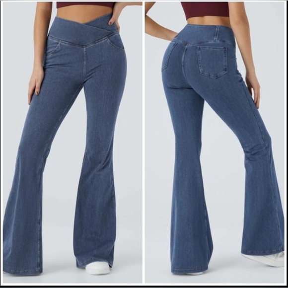 Halara Magic Crossover Waistband Stretchy Knit Denim Flare Leg Jeans M Petite - Picture 1 of 7
